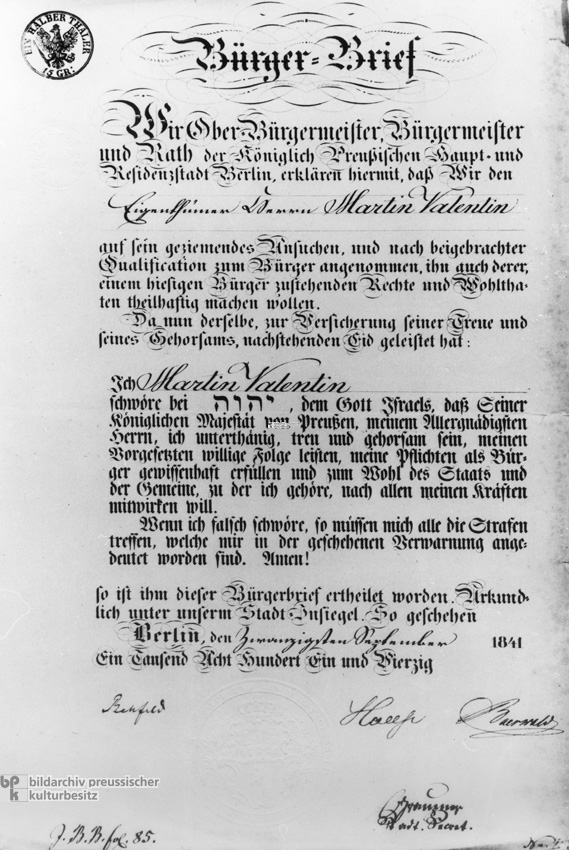 Bürger-Brief für einen jüdischen Einwohner in Berlin (1841)